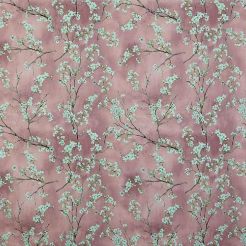 Kt KILOtela - Bedruckter Leinenstoff, Dekoration, Polster, Kissen, Vorhänge, Tagesdecken, Taschen, 100 cm Länge x 280 cm Breite, Asami, Blumen, Zweige, Weiß, Rosa, 1 Meter von Kt KILOtela