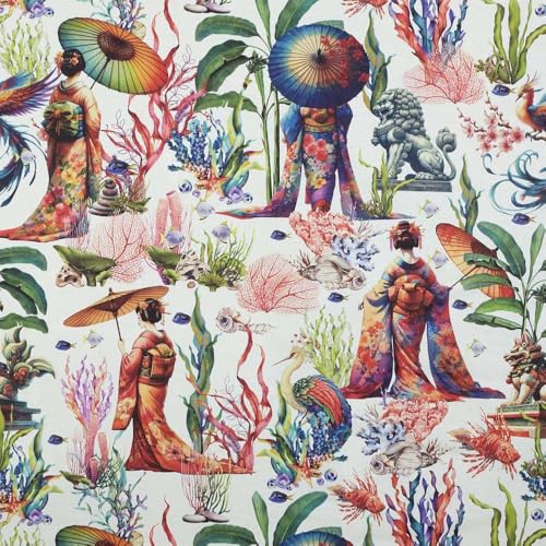 Kt KILOtela - Bedruckter Leinenstoff, Dekoration, Polsterung, Kissen, Tagesdecken, Taschen, 100 cm Länge x 280 cm Breite, Lerche, Geishas, Korallen, mehrfarbig, 1 Meter von Kt KILOtela