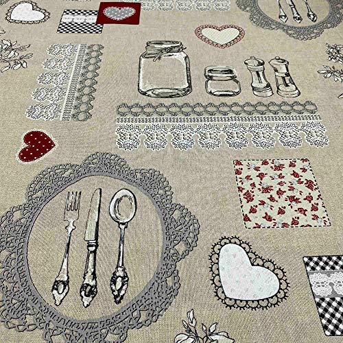 Kt KILOtela - Bedruckter Leinenstoff, Dekoration, Polsterung, Kissen, Vorhänge, Taschen, Tischdecken, Basteln, 100 cm Länge x 280 cm Breite, Spitze Küche, Beige, Weiß, Rot ─ 1 Meter von Kt KILOtela