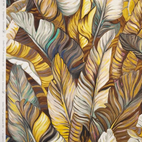 Kt KILOtela - Digitaler bedruckter Canvas-Stoff, Half Panama, Bio-Baumwolle, Dekoration, Polsterung, Kissen, Tischdecken, 100 cm Länge x 280 cm Breite, Macsand, Botanisch, Gelb, Braun, 1 Meter von Kt KILOtela