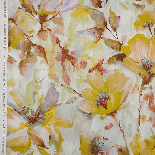 Kt KILOtela - Digitaler bedruckter Canvas-Stoff, halber Panama-Stoff, Bio-Baumwolle, Dekoration, Tapisserie, Kissen, Tischdecken, 100 cm Länge x 140 cm Breite, Blumen, gelb – 1 Meter von Kt KILOtela