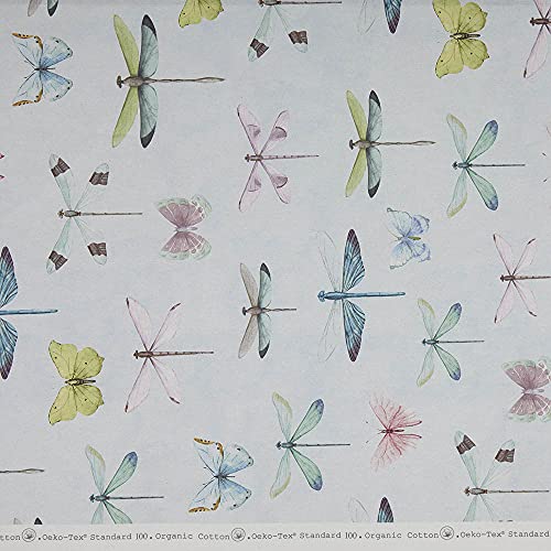 Meterware Leinenstoff digital bedruckt - Half Panama 100% Bio-Baumwolle, Öko-Tex Standard 100 - Breite 280 cm - Länge wählbar 50 in 50 cm | Hanoi, Libellen, Schmetterlinge - Blau, mehrfarbig von Kt KILOtela