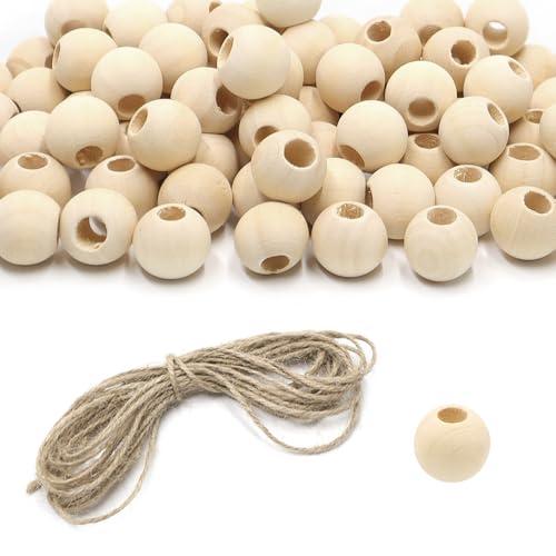 KtbeYTi 100 Stück 10 mm Holzperlen Runde Natürliche Holzperlen mit Hanfseil für Dekorationen,DIY Schmuck Herstellung(3-4mm Loch) von KtbeYTi