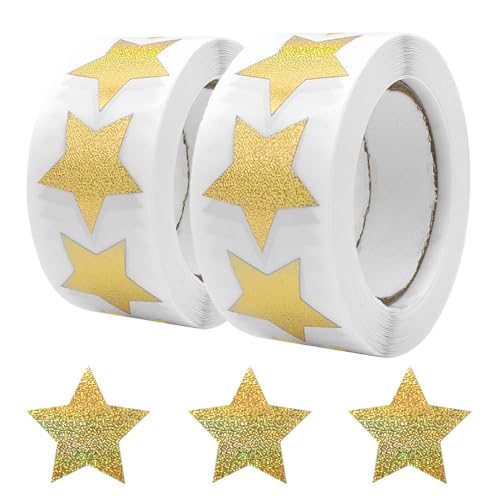 KtbeYTi 1000 Stück Funkelnde Star Sticker, 25 mm Gold Sterne Aufkleber Rolle, Sterne Funkelnde Aufkleber, für DIY Scrapbooking Karten Geschenk Deko, 2 Rolle von KtbeYTi