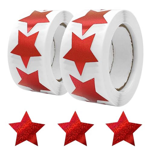 KtbeYTi 1000 Stück Funkelnde Star Sticker, 25 mm Rot Sterne Aufkleber Rolle, Sterne Funkelnde Aufkleber, für DIY Scrapbooking Karten Geschenk Deko, 2 Rolle von KtbeYTi