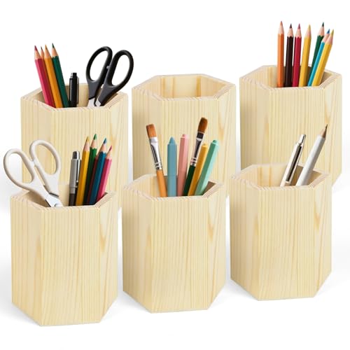 Kuabiz Stiftehalter aus Holz, unlackiert, Kiefernholz, Stiftehalter, Ständer für Schreibtisch, Bürobedarf, Make-up-Pinsel, Organizer, 6 Stück (Hexagon) von Kuabiz