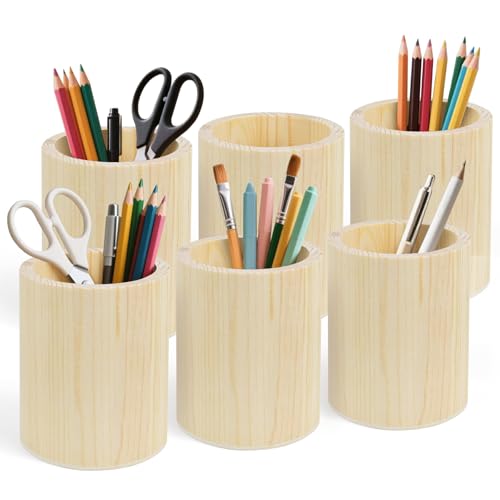 Kuabiz Stiftehalter aus Holz, unlackiert, Kiefernholz, Stiftehalter, Ständer für Schreibtisch, Bürobedarf, Make-up-Pinsel, Organizer, rund, 6 Stück von Kuabiz