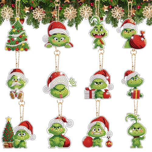 12 Stück DIY Weihnachten Diamant Malerei Schlüsselanhänger, 5D Diamond Painting Weihnachten Anhänger Set, Double-Sided Diamond Painting Kinder, Weihnachtsbaum Deko von Kuaikely