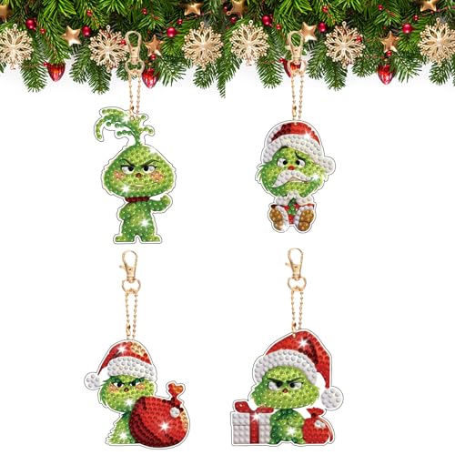 4 Stück DIY Weihnachten Diamant Malerei Schlüsselanhänger, 5D Diamond Painting Weihnachten Anhänger Set, Double-Sided Diamond Painting Kinder, für Kinder Erwachsene von Kuaikely