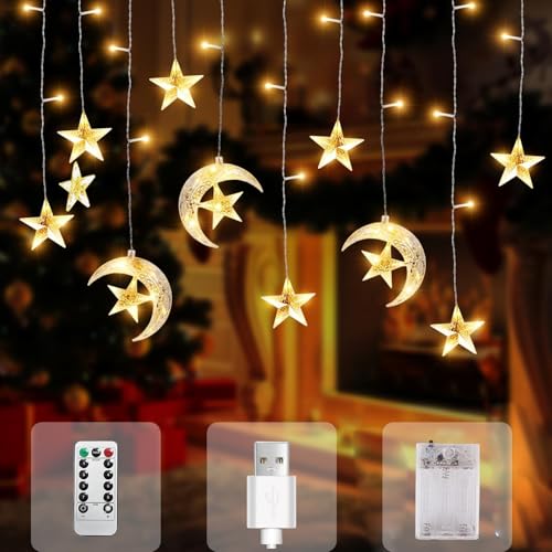 Kuataty LED Lichterkette Ramadan, 3.5M Lichtervorhang Fenster Mond Sterne USB Batterie mit Timer Fernbedienung, 8 Modi Lichterketten Vorhang Deko für Ostern, Party, Balkon, Hochzeit -Warmweiß von Kuataty