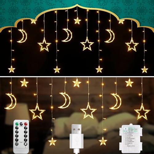 Kuataty Ramadan LED Lichterkette USB/Batterie, 3.5M Lichtervorhang Fenster Sterne Mond mit Timer Fernbedienung, 8 Modi Lichterketten Vorhang Deko für Ostern, Party, Balkon, Hochzeit -Warmweiß von Kuataty