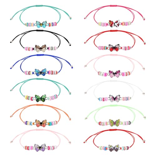 12 Stück Freundschaftsarmbänder mit Schmetterling Anhänger, Schmetterling Armbänder mit Verpackungstasche, Einstellbare Geflochten Armbänd für Mädchen, Kinder, Kindergeburtstag Gastgeschenke von KufaerBeam
