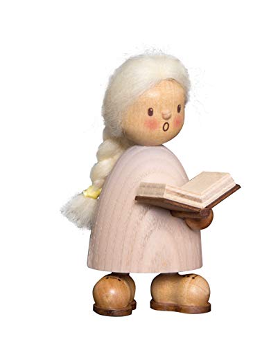 Kuhnert Drechslerei Dekoration/Holzfigur aus Massivholz mit Schafwollfrisur - Finn & Finja - Motiv: Finja mit Buch - Höhe: ca. 9cm - Made in Germany von Kuhnert
