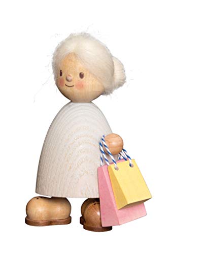 Kuhnert Drechslerei Dekoration/Holzfigur aus Massivholz mit Schafwollfrisur - Finn & Finja - Motiv: Finja mit Tasche - Höhe: ca. 9cm - Made in Germany von Kuhnert