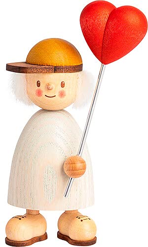Kuhnert Drechslerei Dekoration/Holzfigur aus Massivholz mit Schafwollfrisur - Finn & Finja - Motiv: Finn mit Herzballon - Höhe: ca. 9cm - Made in Germany von Kuhnert