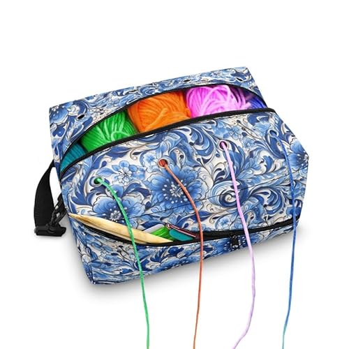 Kuiaobaty Tragetasche mit blauen Blumen, Strickwolle, tragbare Tasche mit Tasche, Landhausstil, Reißverschluss, Strickprojekt, Reisetasche von Kuiaobaty