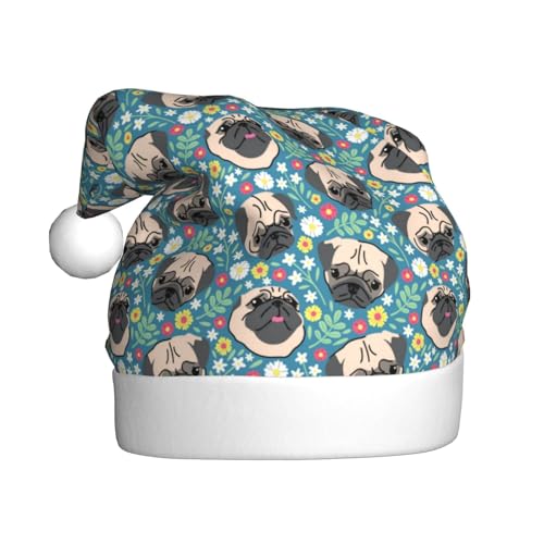 Kuilepa Weihnachtshut mit Mops Kopf und Blumen, Weihnachtsmannmütze, Weihnachtsmütze für Erwachsene, verdickte Weihnachtsmannmützen für Weihnachten, Neujahr von Kuilepa