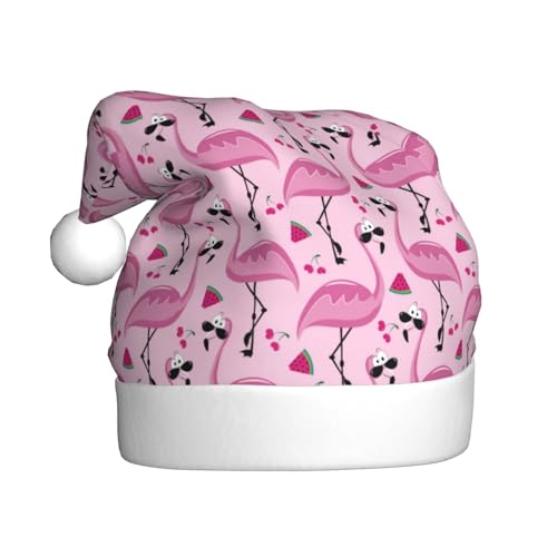 Kuilepa Weihnachtsmütze mit niedlichem Wassermelonen-Flamingo-Druck, Weihnachtsmannmütze, Weihnachtsmütze für Erwachsene, verdickte Weihnachtsmannmützen für Weihnachten, Neujahr, Urlaub, Partyzubehör von Kuilepa