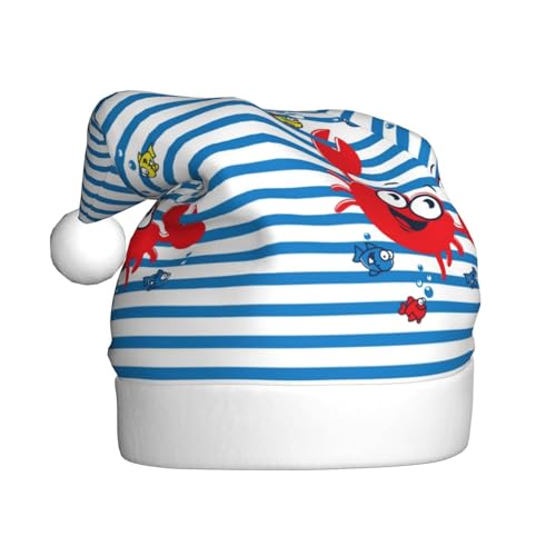 Kuilepa Weihnachtsmütze mit roten lustigen Krabben auf blauem Streifendruck, Weihnachtsmannmütze, Weihnachtsmütze für Erwachsene, verdickte Weihnachtsmannmützen für Weihnachten, Neujahr, Urlaub von Kuilepa