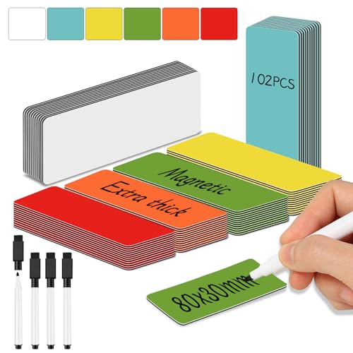 Magnetstreifen Beschreibbar (80 x 30 mm) | 102 Stück + 4 Magnetische Whiteboard Marker | Magnetschilder zum Beschriften für Kanban Board, Whiteboard & Tafel, Gefrieretiketten, Lehrerbedarf | 6 Farben von Kulamo
