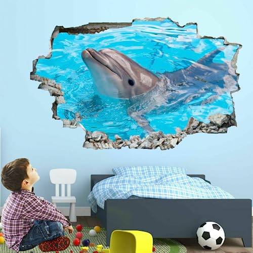 3D-Aufkleber „Smashed“, Delfin, abnehmbarer Vinyl-Kunstaufkleber zum Abziehen und Aufkleben, Wandtattoo „Aquatische Kreaturen“, Mädchen, Kinderzimmer, Zimmerdekoration, Wandbild, Heimdekoration von Kuletkear