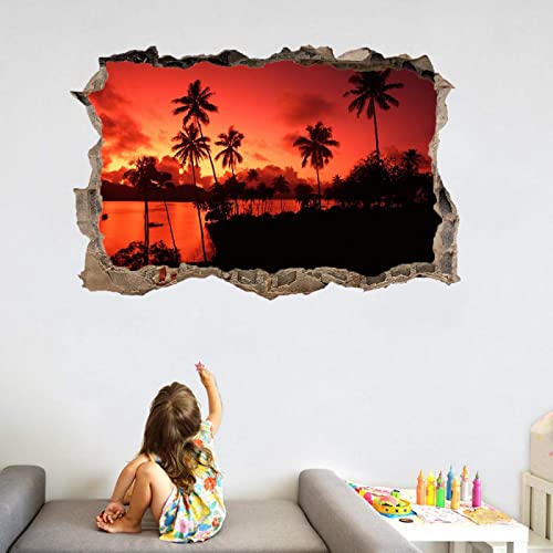 3D Durchbruch Wandsticker, Palmen Selbstklebend Wandtattoo Wanddeko Aufkleber, Sonnenuntergangslandschaft Wanddurchbruch sticker für Wohnzimmer Kinderzimmer Junge Mädchen Teenager Zimmer von Kuletkear