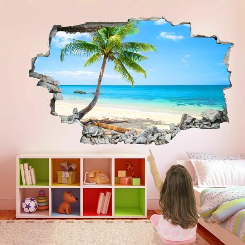 Wandtattoo Aufkleber Wandbild Palme Mauerloch 3D Durchbruch Effekt Wandsticker Strand Wandaufkleber Abnehmbare Wanddeko fürs Wohnung Wohnzimmer Schlafzimmer Bad Kinderzimmer Tapeten Deko von Kuletkear