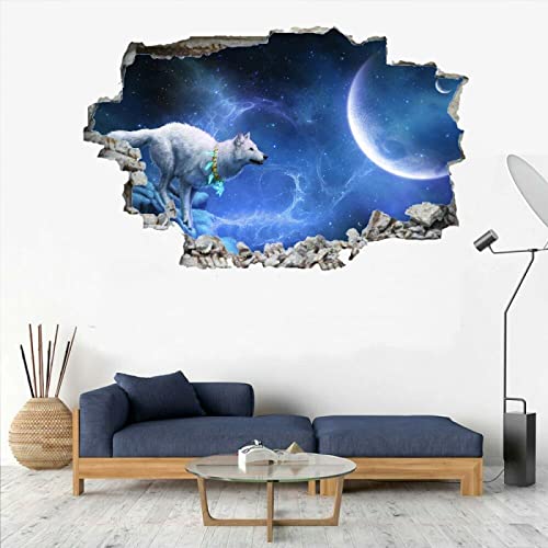 Wolf 3D Wandtattoos Durchbruch Wandbild Mond Kinderzimmer Aufkleber Wandaufkleber B 120 x H 80 cm Abnehmbare Wandsticker für Kinderzimmer Junge Mädchen Teenager Zimmer Wohnzimmer Schlafzimmer von Kuletkear