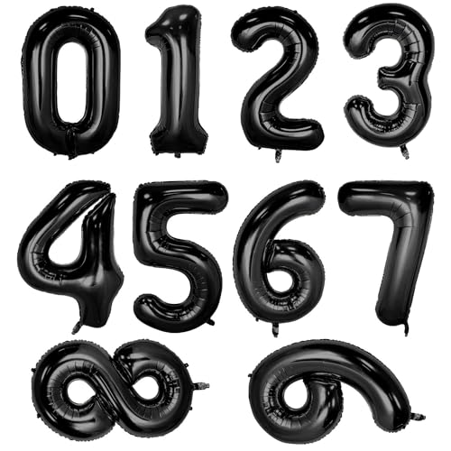 10 Stück Zahlenballon, Zahlen 0-9 Folienballons, 40,6 cm, selbstaufblasende Luftballons, Helium-Mylar-Ballons für Geburtstagsparty, Feiern, Dekorationen, (schwarz) von Kunjocy