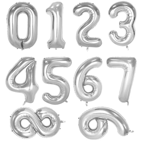 10 Stück Zahlen-Folienballons 0-9, 40,6 cm, selbstaufblasend, luftgefüllt, Mylar-Zahlenballons für Geburtstagsparty, Feiern, Dekorationen (Silber) von Kunjocy