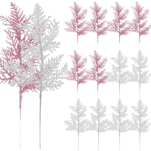 12 Stück künstliche Weihnachts-Glitzerblätter, Weihnachtsglitzer, Tannennadeln, Zweige, Spray, Glitzer, gefrosteter Zweig für DIY-Zubehör, Weihnachtsblumen-Dekorationen, Kranzgirlande (rosa weiß) 12 Stück künstliche Weihnachts-Glitzerblätter, Weihnachtsglitzer, Tannennadeln, Zweige, Spray, Glitzer, gefrosteter Zweig für DIY-Zubehör, Weihnachtsblumen-Dekorationen, Kranzgirlande (rosa weiß) von Kunjocy