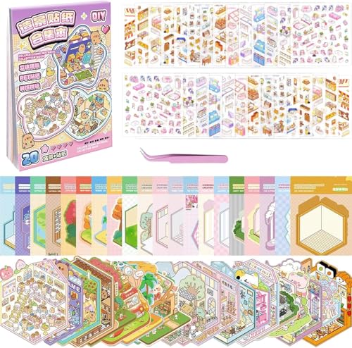 20 Stück 3D House Stickers Scene Set, Stickerbuch Wiederverwendbar, Sticker Therapy, DIY-Aufkleber für Basteln, with 26 PET Sticker, 20 Mminiatur Haus, 1 Pinzette, Relief Stress für Erwachsene Kinder 20 Stück 3D House Stickers Scene Set, Stickerbuch Wiederverwendbar, Sticker Therapy, DIY-Aufkleber für Basteln, with 26 PET Sticker, 20 Mminiatur Haus, 1 Pinzette, Relief Stress für Erwachsene Kinder von Kunoli