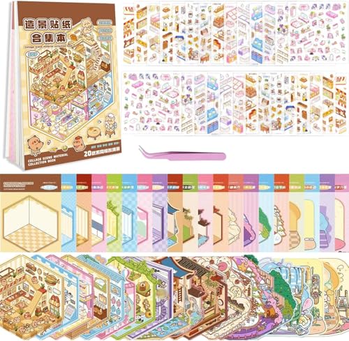 20 Stück 3D House Stickers Scene Set, Stickerbuch Wiederverwendbar, Sticker Therapy, DIY-Aufkleber für Basteln, with 30 PET Sticker, 20 Mminiatur Haus, 1 Pinzette, Relief Stress für Erwachsene Kinder von Kunoli