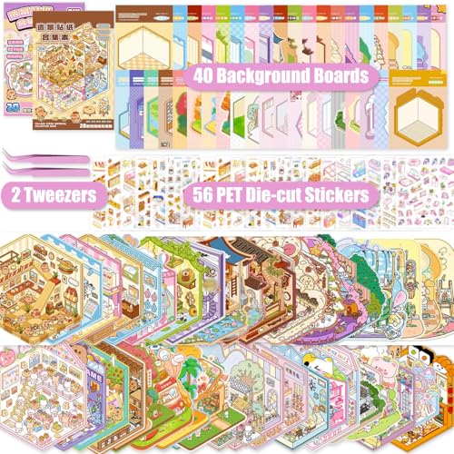 40 Stück 3D House Stickers Scene Set, Stickerbuch Wiederverwendbar, Sticker Therapy, DIY-Aufkleber für Basteln, with 56 PET Sticker, 40 Mminiatur Haus, 2 Pinzette, Relief Stress für Erwachsene Kinder von Kunoli
