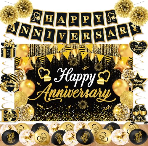 Happy Anniversary Dekorationen, Schwarz und Gold Happy Anniversary Banner Hintergrund Party Dekorationen Zubehör mit 18 Stück Luftballons, hängende Wirbel Pom Pom von Kunstlhua