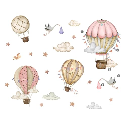 Kuntesetty 2 Stück Heißluftballon Wandaufkleber, Wanddekoration, Cartoon, Leicht Abziehbar, Kunstwandbild, Stern, Vögel, Wolken, Wandaufkleber für Kinderzimmer von Kuntesetty