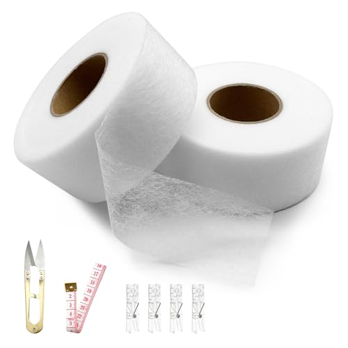 Saumband zum Aufbügeln Bügelband für vorhänge - Bügelband hose kürzen, Saumband selbstklebend, Nahtband zum Aufbügeln, hemming tape, mit 4 Nähklammern, Maßband und Schere, 40mm x 50M x 2 Rollen von Kunxing
