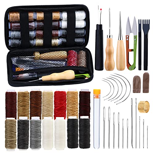 41 Stück Leder Nähen Set, Werkzeug Set Mit 14 Farben Gewachstem Garn, Zinkenstanze, Nähahle, Nähnadeln und Aufbewahrungstasche von Kuppt