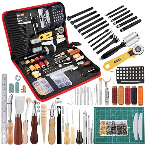 Kuppt Leder Werkzeug Set, Leder Nähset, Leder Bearbeitungs Werkzeug mit Leder Stanzwerkzeugen, Ledernieten Kit, Grover, Schneidematte, Zinkenstanze und Aufbewahrungstasche für Anfänger und Erwachsene Kuppt Leder Werkzeug Set, Leder Nähset, Leder Bearbeitungs Werkzeug mit Leder Stanzwerkzeugen, Ledernieten Kit, Grover, Schneidematte, Zinkenstanze und Aufbewahrungstasche für Anfänger und Erwachsene von Kuppt