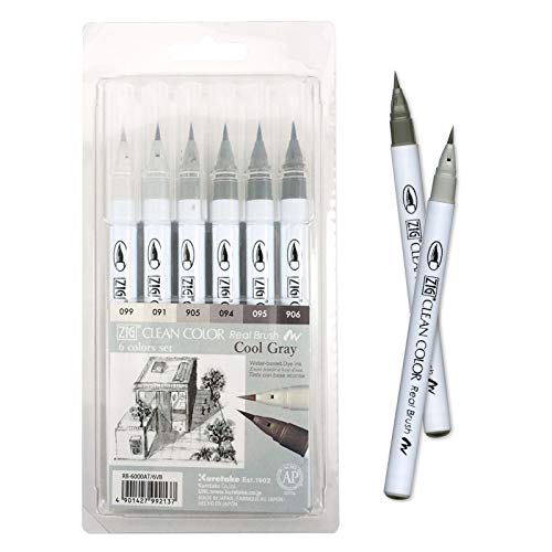Kuretake ZIG Clean Color Real Brush Marker, Flexible Brush Tips, Watercolor Pens for Painting, Drawing, Calligraphy and Brush Lettering for Artists, Made in Japan (6 Cool Gray Colors set) von Kuretake
