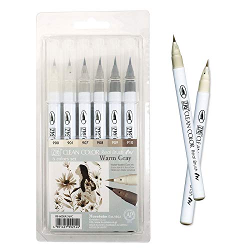 Kuretake ZIG Clean Color Real Brush Marker, Flexible Brush Tips, Watercolor Pens for Painting, Drawing, Calligraphy and Brush Lettering for Artists, Made in Japan (6 Warm Gray Colors set) von Kuretake