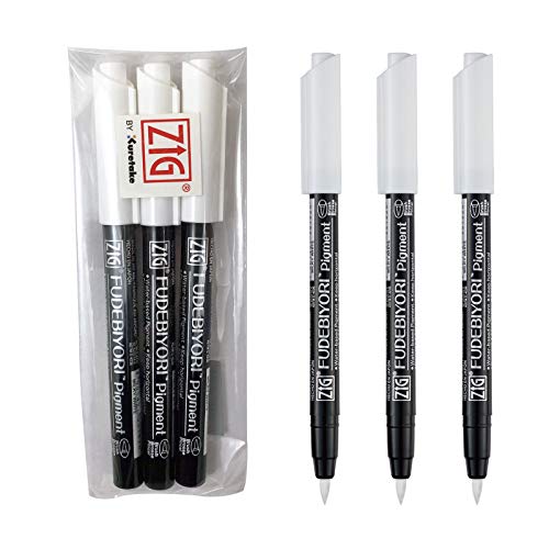 Kuretake ZIG FUDEBIYORI PIGMENT Milchweiß 3 Stifte Set für Beschriftung, Illustlation, AP-zertifiziert, flexible harte Pinselspitze, effektiv auf schwarzem Papier, professionelle Qualität, hergestellt von Kuretake