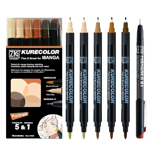 Kuretake Zig Cartoonist Kurecolor Fine & Brush Pastell-Set, 5 Farben mit MANGAKA Black 0,1 mm, Alkoholbasis, Doppelspitzen-Marker, für Künstler, Profis, hergestellt in Japan (Hochformat) von Kuretake