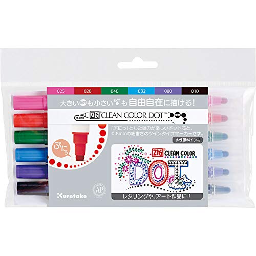 Kuretake Zig Clean Color Dot Pens Water Based Marker, 6 Colors Set, (TC6100/6V) von Kuretake