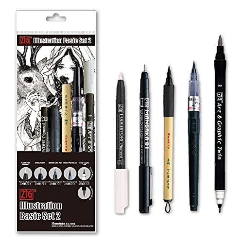 Kuretake Zig Inktober Spezial-Set, Illustrations-Basis-Set 2, 4 schwarze Marker und 1 weißer Pinselstift, Schriftstellen und Kalligraphie, hergestellt in Japan Kuretake Zig Inktober Spezial-Set, Illustrations-Basis-Set 2, 4 schwarze Marker und 1 weißer Pinselstift, Schriftstellen und Kalligraphie, hergestellt in Japan von Kuretake