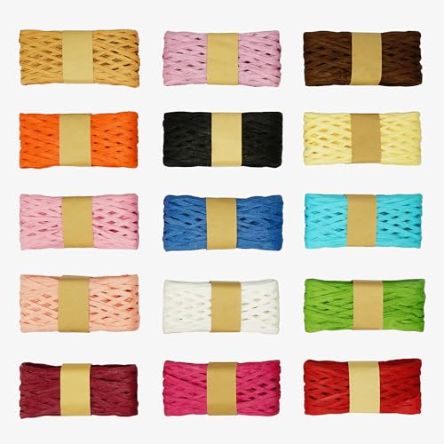 Kurtzy (15er Pack) Bast-Geschenkband Natur Papierband in 15 Farben mit 20 m Pro Rolle - Bast zum Basteln, Geschenkverpacken, DIY-Dekoration, Floristensträuße & Weben von Kurtzy