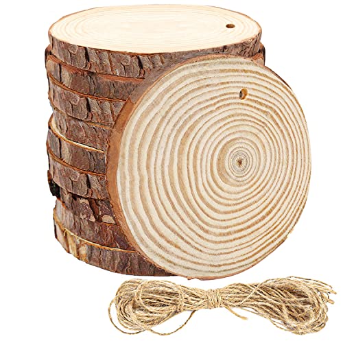 Kurtzy 10 Stk Naturbelassene Kleine Holzscheiben mit Löchern & Schnur 10-12 cm Durchmesser, 10 mm Dick - Rustikale Holzscheiben zum Basteln - Deko Baumscheiben mit Rinde für DIY & Weihnachten von Kurtzy