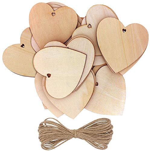 Kurtzy 25-er Pack Holzherzen mit 10m Jute Schnur - 10x10cm Streudeko Set Holz Herzen Unbehandelt mit Loch zum Beschriften - Holzherz Deko für Hochzeit, Party, Jubiläum, Geschenkanhänger, zum Basteln von Kurtzy