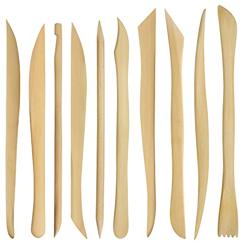 Kurtzy Holz Modellierwerkzeug Ton Set (10er-Pack) 14,4-16 cm Modelier Werkzeugset für Keramik Ton/Polymer-Ton zum Basteln - Doppelend-Töpfern Zubehör zum Schnitzen, Formen, Prägen, Formen, Glätten von Kurtzy