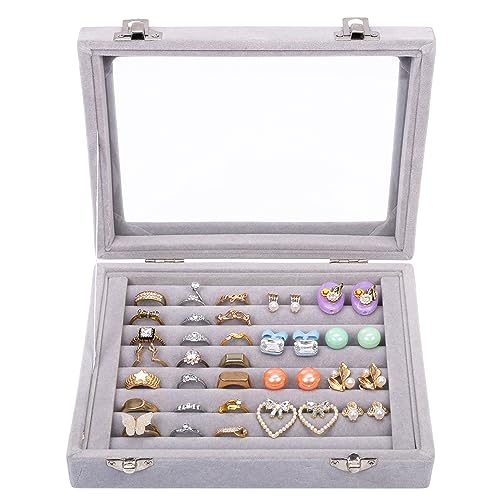 Kurtzy Jewelry Organizer Ring Aufbewahrung Schmuckkasten Grau, Samt Box mit Glas Deckel & 7 Schlitze – Schmuckaufbewahrung Schmuckschatulle Ringaufbewahrungs Box für Ringe, Ohrringe, Manschettenknöpfe von Kurtzy